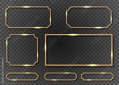 Collection of different golden frame isolated on a transparent background. Set of gold rectangular border on transparent background