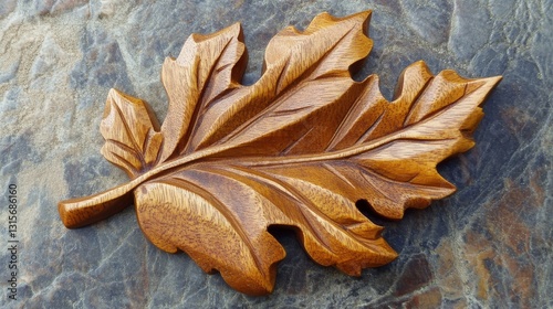 Artisanal Leaf: A detailed wooden carving of a vibrant leaf, showcasing intricate textures and artistic craftsmanship