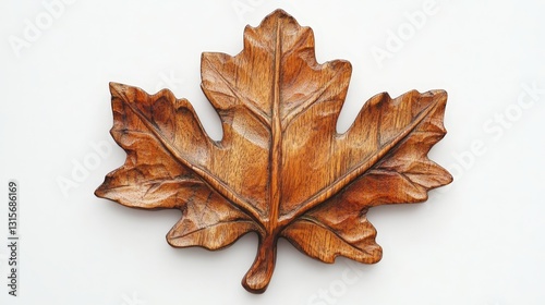 Maple Leaf Wooden Carving: A detailed, close-up view of a meticulously carved maple leaf, highlighting the intricate wooden texture and craftsmanship