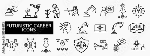 A set of black-and-white futuristic career icons representing innovative professions such as robotics, AI development, space exploration, biotechnology, VR, renewable energy, and ethical AI law.