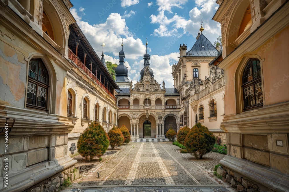 Fototapeta premium A view of the ornate courtyard of a historic palace, featuring intricate architectural details and manicured greenery, Historic palaces with ornate courtyards and towering gates