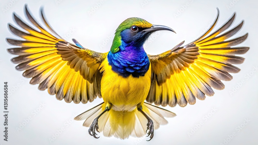 Fototapeta premium Stunning Olive-Backed Sunbird Spreading Wings Against White Background, Captivating Macro Photography of Yellow-Bellied Sunbird in Nature, Bird Watching, Wildlife Enthusiasts, Ornithology, and More