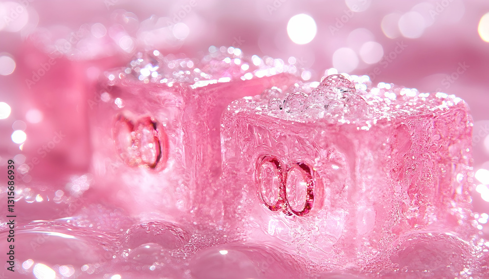 Close-up of three pink ice cubes with numbers subtly visible inside, submerged in pink liquid, glistening with water droplets. Bokeh background Close-up of three pink ice cubes with numbers subtly visible inside, submerged in pink liquid, glistening with water droplets. Bokeh background