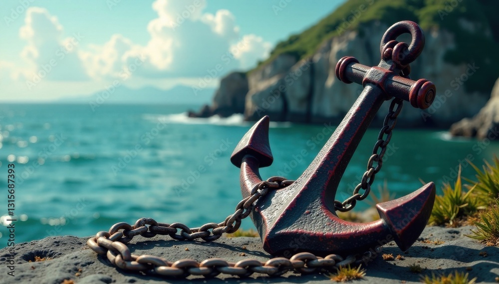 Fototapeta premium Old anchor with ropes and chain, rope, nautical, vintage