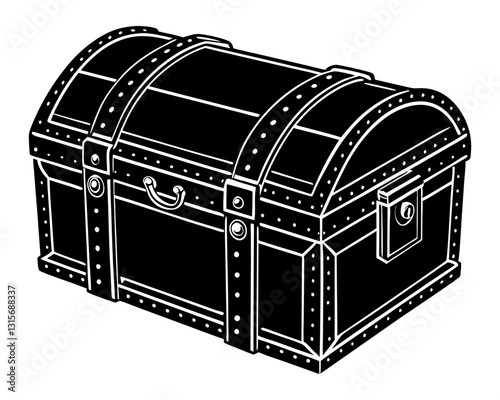 A black and white graphic illustration of a closed treasure chest in silhouette, with detailed outlines and a white background.