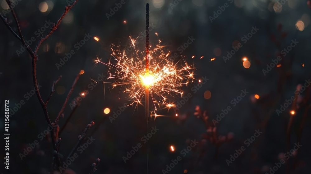 Obraz premium Sparkling Ember: A close-up view of a sparkler ablaze, illuminating the darkness with a shower of golden sparks.