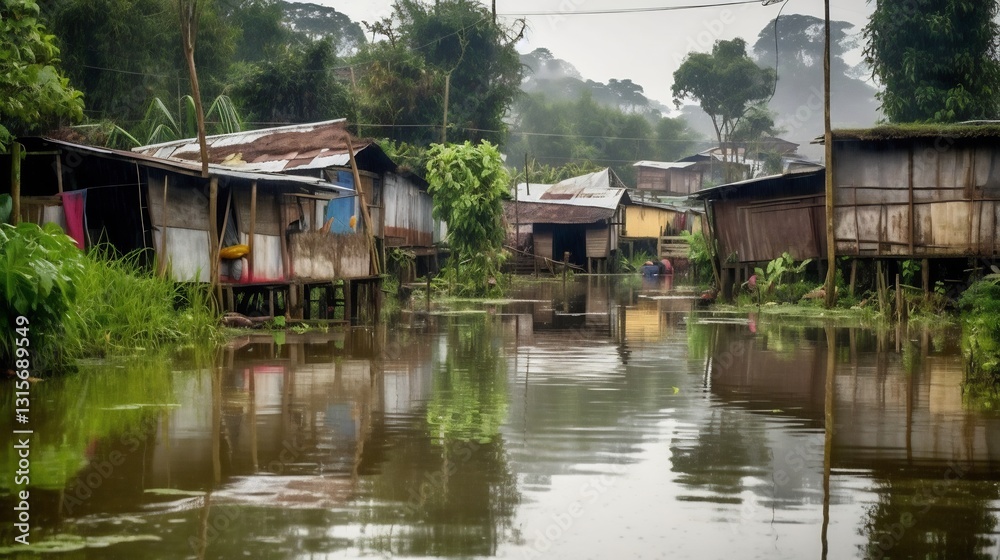 Stilt Houses for River Village, Misty Morning. Stilt Houses for River Village, Misty Morning.