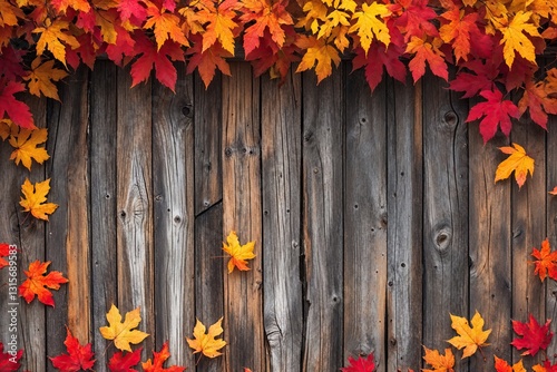 Rustic Barn Wood Background Framed by Colorful Autumn Leaves