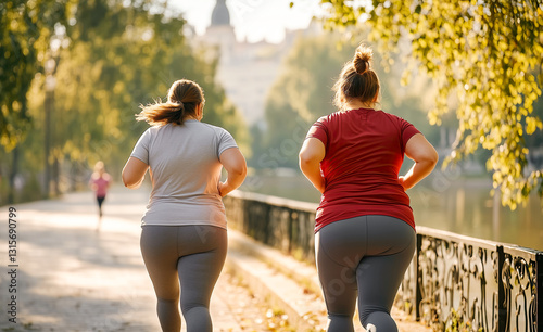 Two overweight friends of women play sport by running together for weight loss and healthy lifestyle in nature in a park. Obese women exercising outdoors. Workout for good physical shape.