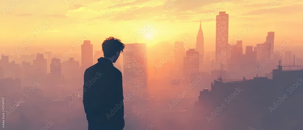 Fototapeta premium Digital entrepreneur embracing ai-powered data urban landscape business environment sunset viewpoint