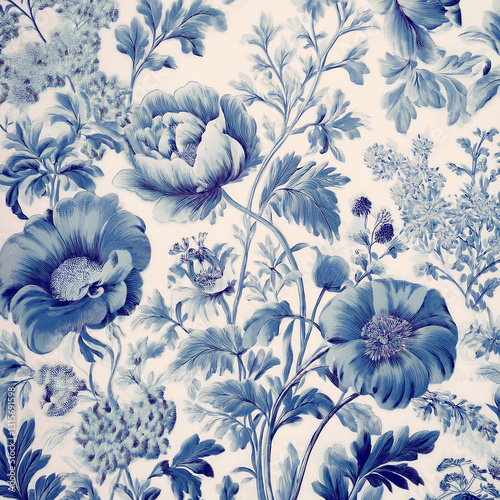 Elegant Blue Floral Pattern – Vintage Botanical Design with Intricate Details Generated Image