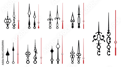 Set of Vintage Clock or Ornate Clock Hands Collection isolated.
