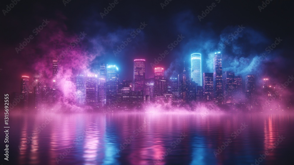 Fototapeta premium Neon city skyline reflected in water at night, smoky background