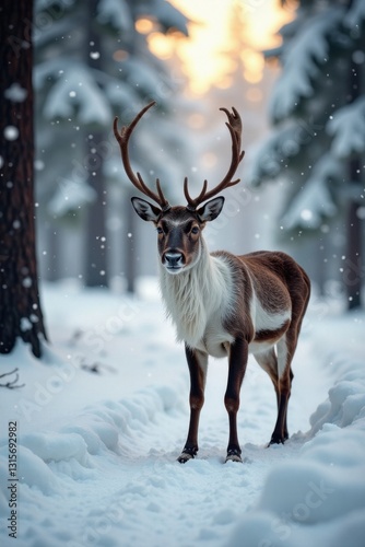 Reindeer herd in snowy forest, silhouettes, snowy forest, northern lands