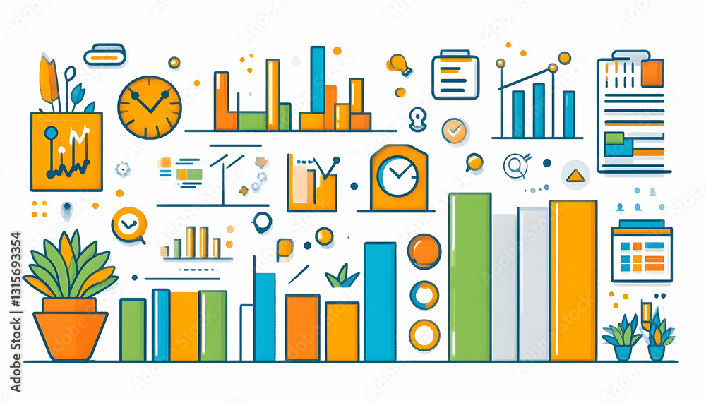 Colorful illustration depicting various business concepts such as charts, graphs, clocks, and potted plants. Represents data analysis, time management, and growth Colorful illustration depicting various business concepts such as charts, graphs, clocks, and potted plants. Represents data analysis, time management, and growth