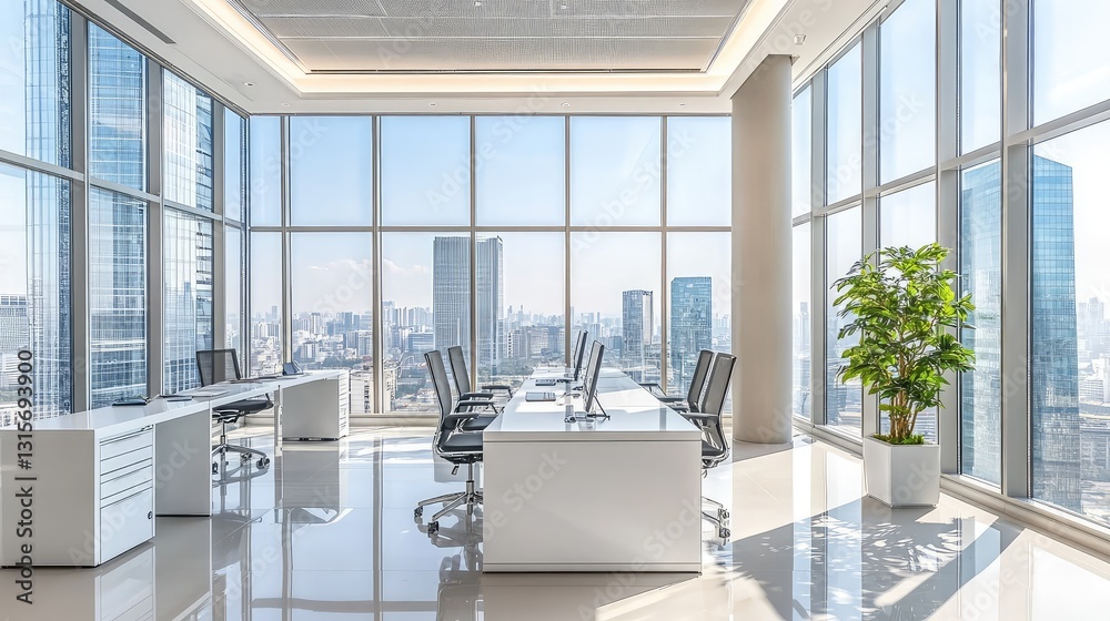 Fototapeta premium A corporate office space with clean white desks, comfortable chairs, and sleek design elements.