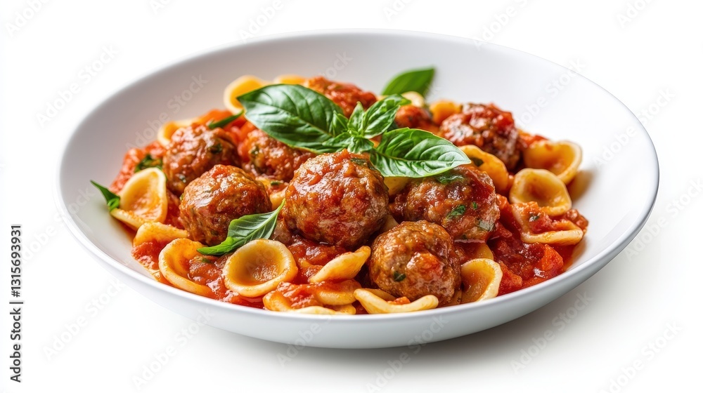 A perfectly plated Italian pasta dish featuring orecchiette and tender beef meatballs, smothered in a robust tomato sauce with fresh basil. Isolated on white background A perfectly plated Italian pasta dish featuring orecchiette and tender beef meatballs, smothered in a robust tomato sauce with fresh basil. Isolated on white background
