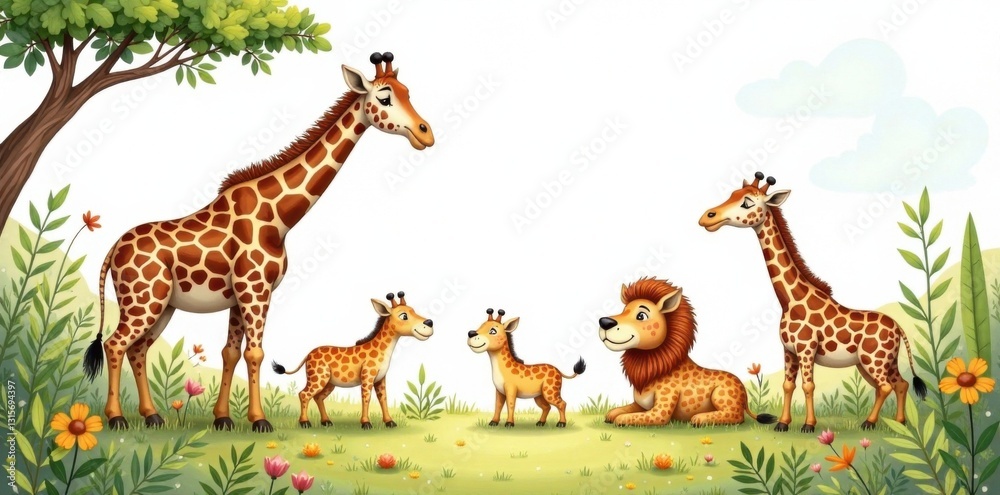 Fototapeta premium Safari animals playing in watercolor illustrations , nursery decor, jungle, whimsical
