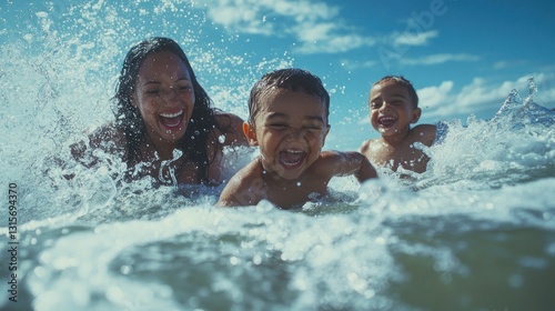 Joyful family splashing in the ocean waves on a sunny summer day