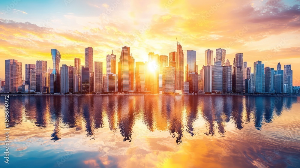 Fototapeta premium A futuristic city skyline with buildings representing different regions, symbolizing global business expansion.