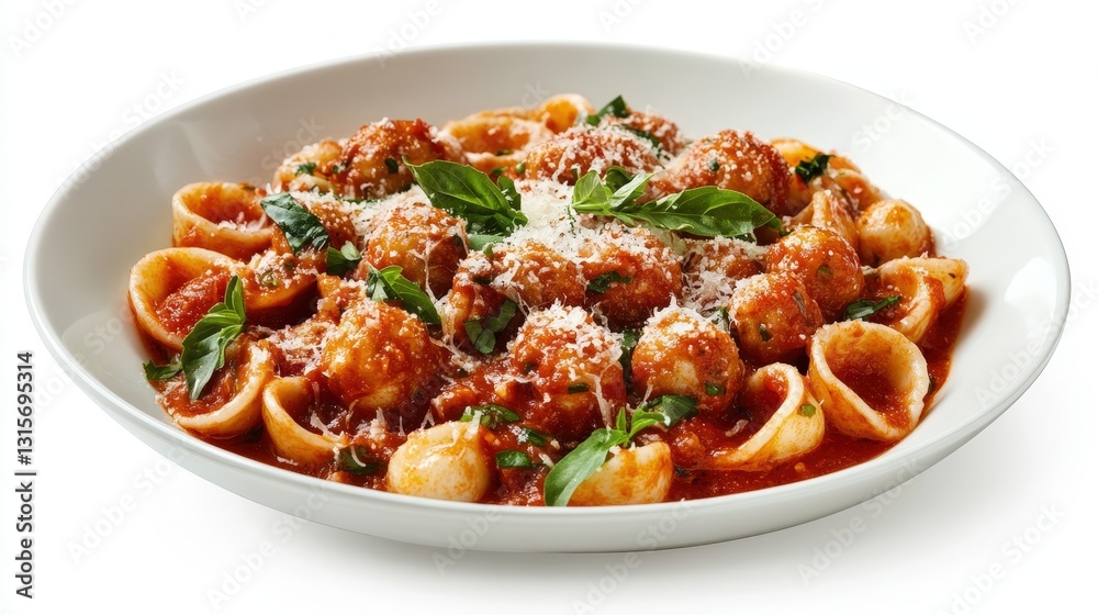 A rich and flavorful serving of orecchiette with polpette di manzo, generously coated in a homemade tomato sauce. The dish is garnished with parmesan and fresh herbs, isolated on white background A rich and flavorful serving of orecchiette with polpette di manzo, generously coated in a homemade tomato sauce. The dish is garnished with parmesan and fresh herbs, isolated on white background