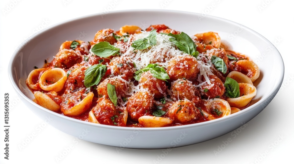 A rich and flavorful serving of orecchiette with polpette di manzo, generously coated in a homemade tomato sauce. The dish is garnished with parmesan and fresh herbs, isolated on white background A rich and flavorful serving of orecchiette with polpette di manzo, generously coated in a homemade tomato sauce. The dish is garnished with parmesan and fresh herbs, isolated on white background