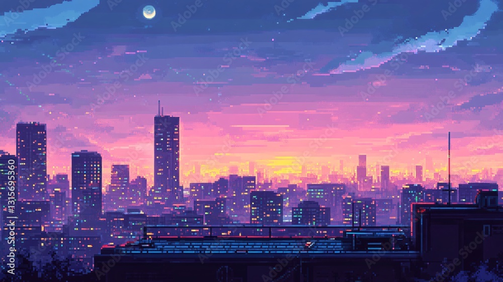 Obraz premium Skyscraper Rooftop View of a Futuristic Cyberpunk City at Twilight