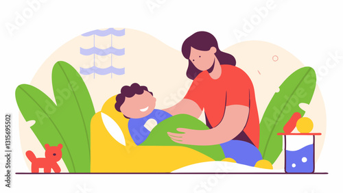 A heartwarming illustration of a mother tucking her child into bed. The child is smiling, feeling safe and comforted, while the cozy bedroom setting features soft colors, plants, and a small toy nearb