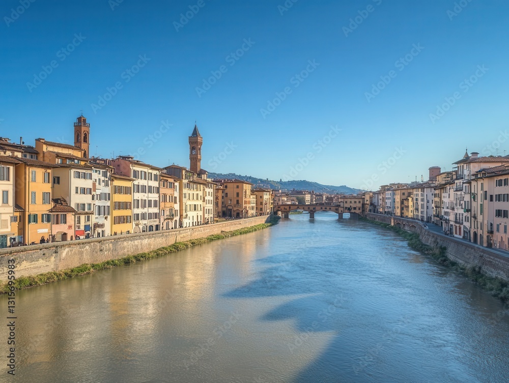 Obraz premium Scenic view of historic European city buildings lining a wide river under a clear blue sky.