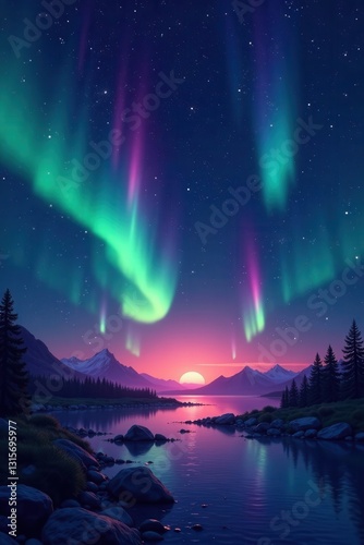 Shimmering auroral lights on a dark background, luminous atmosphere, ethereal glow, radiant light