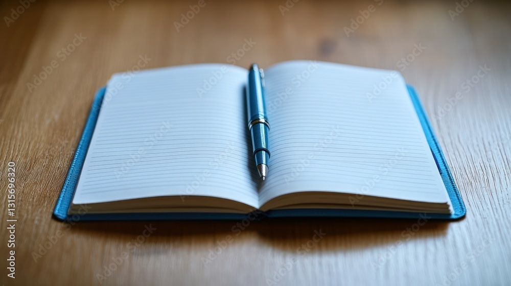 Open notebook, pen, wooden table, blank pages Open notebook, pen, wooden table, blank pages