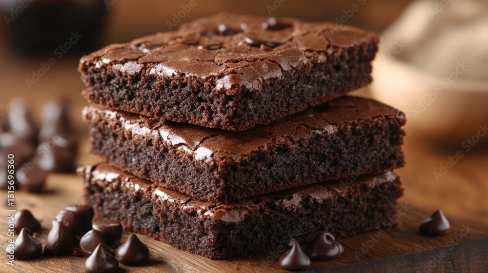 Delicious Chocolate Brownies Stacked with Melting Chocolate Chips Delicious Chocolate Brownies Stacked with Melting Chocolate Chips
