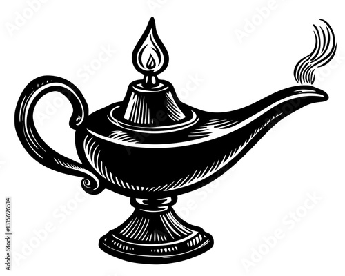 A black and white graphic illustration of an Aladdin's lamp with a flame on the spout and smoke coming out, isolated on a white background.