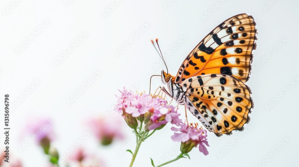 A small leopard butterfly with vibrant orange and black-spotted wings, perched lightly on a wildflower, sipping nectar, isolated on a pure white background, crisp details A small leopard butterfly with vibrant orange and black-spotted wings, perched lightly on a wildflower, sipping nectar, isolated on a pure white background, crisp details