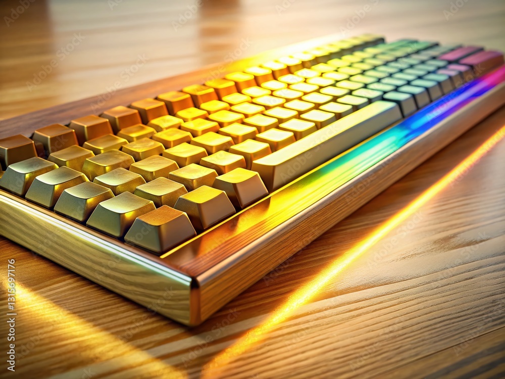 Rainbow Gradient Keyboard with Gold Reflections - Wooden Texture Stock Photo Rainbow Gradient Keyboard with Gold Reflections - Wooden Texture Stock Photo