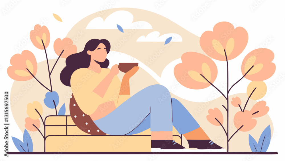 Obraz premium A peaceful illustration of a woman relaxing outdoors with a warm drink, surrounded by blooming flowers. She sits comfortably on a cushion, enjoying a moment of calm in a serene nature setting.