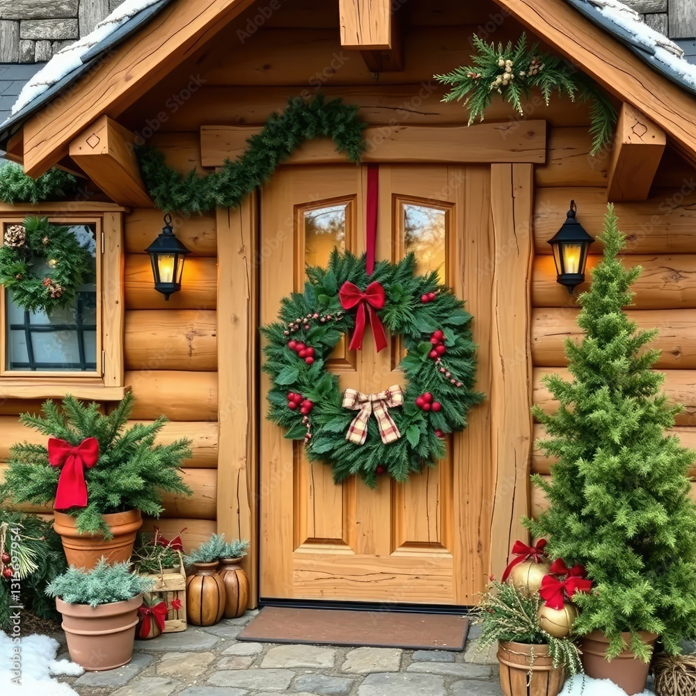 Fototapeta premium Cozy rustic cottage with pine wreath on front door, holiday, christmas