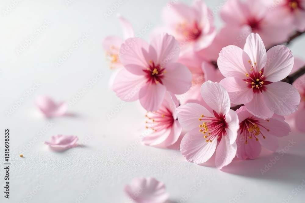 Delicate cherry blossoms unfolding on a white surface, sakura, flowers Delicate cherry blossoms unfolding on a white surface, sakura, flowers