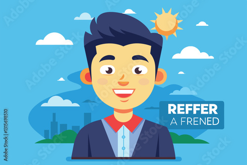 A cheerful cartoon character encourages viewers to refer friends in a bright, sunny environment, Refer a friend Customizable Cartoon Illustration