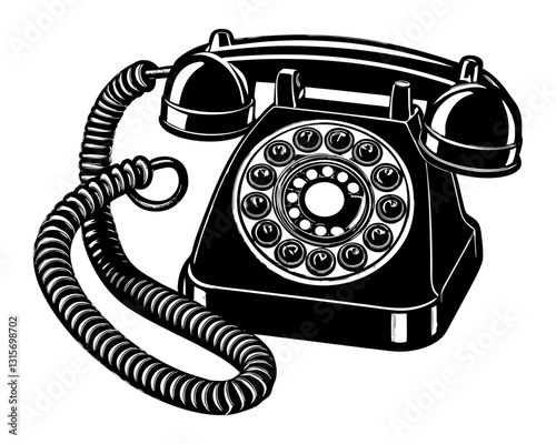 A black and white graphic illustration of a rotary dial telephone with a coiled cord, isolated on a white background.