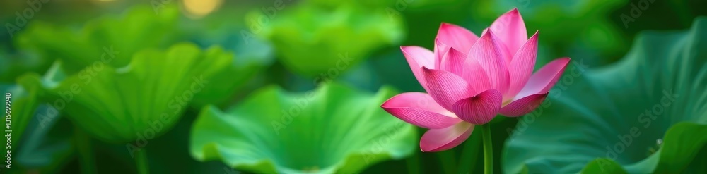 Fototapeta premium Hidden among the greens a rare pink lotus blooms, rare flowers, botanicals