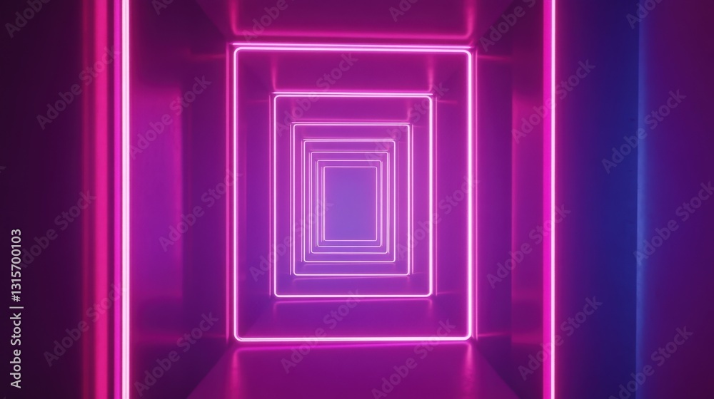 A visually striking looped 3D animation of a neon tunnel, featuring geometric rotating square frames. 