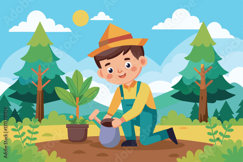 A cheerful boy kneels to plant a tree sapling in a colorful and vibrant forest setting, Reforestation Customizable Cartoon Illustration