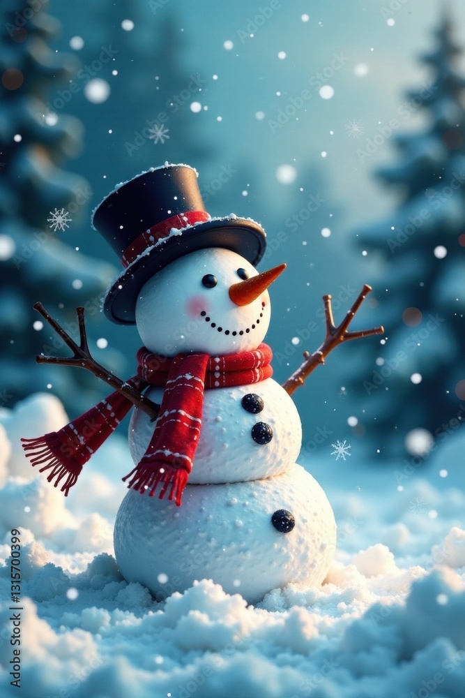 Fototapeta premium Snowman and snowflakes in a winter wonderland, scene, winter, cold