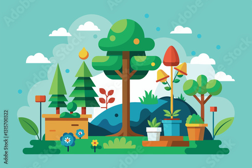 A vibrant landscape features trees and plants, highlighting the importance of reforestation efforts and nature, Reforestation Customizable Disproportionate Illustration
