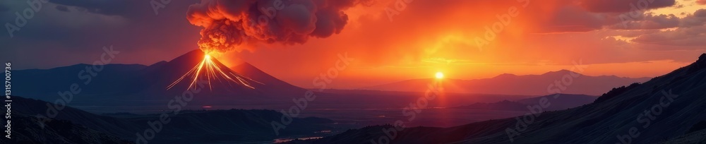 Obraz premium Orange hues on the horizon as a volcanic eruption reshapes the land, fire and brimstone, ash clouds
