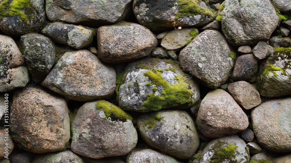 Moss-covered river stones forming a natural rock wall with organic textures and green elements UHD 4K Image Moss-covered river stones forming a natural rock wall with organic textures and green elements UHD 4K Image