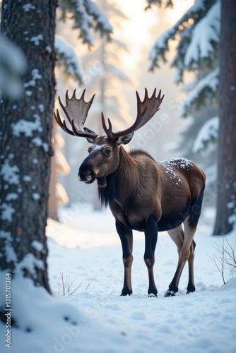Snowy moose standing alone in winter forest, wildlife, arctic animals, snow