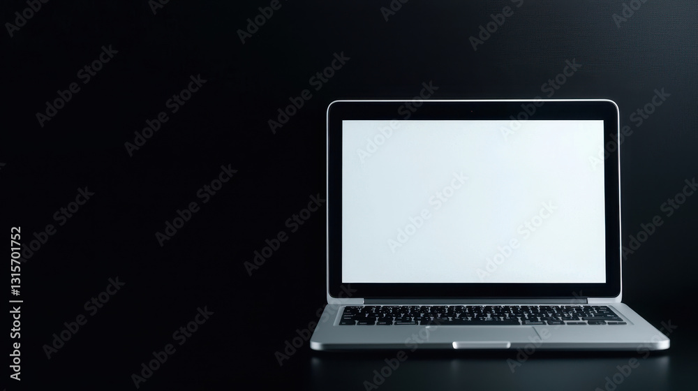 Fototapeta premium Entrepreneur thinking outside the box. sleek laptop with blank screen on dark background, ideal for presentations