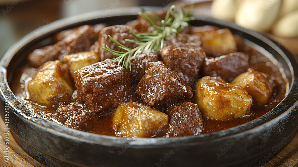 Delicious beef stew with tender meat and potatoes, garnished with herbs, served in rustic bowl. Perfect for hearty meal Delicious beef stew with tender meat and potatoes, garnished with herbs, served in rustic bowl. Perfect for hearty meal